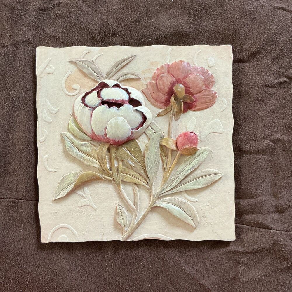 Danhui Nai Peony 3D Sculpted Flower Plaque Shabby Chic Cottagecore Ceramic